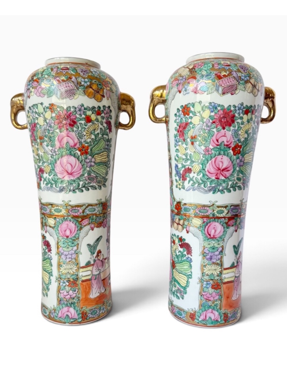 Vintage Set Pair Chinese Famille Rose Medallion Porcelain Vases Gilt Handles